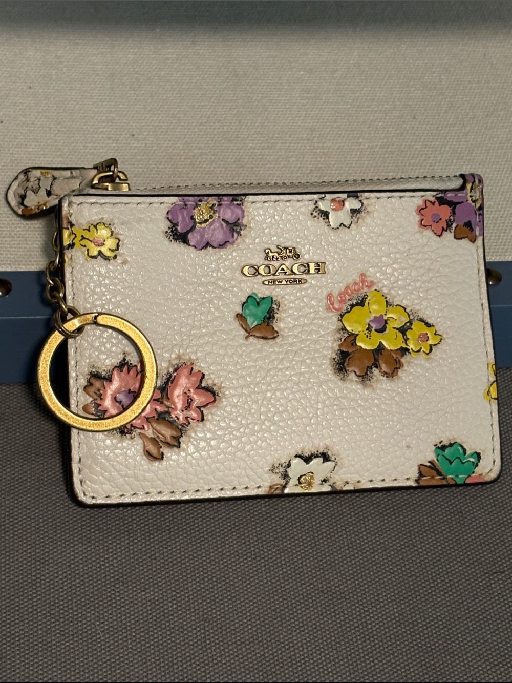 COACH Floral Pebbled Leather ID Cardholder Wallet With Keychain